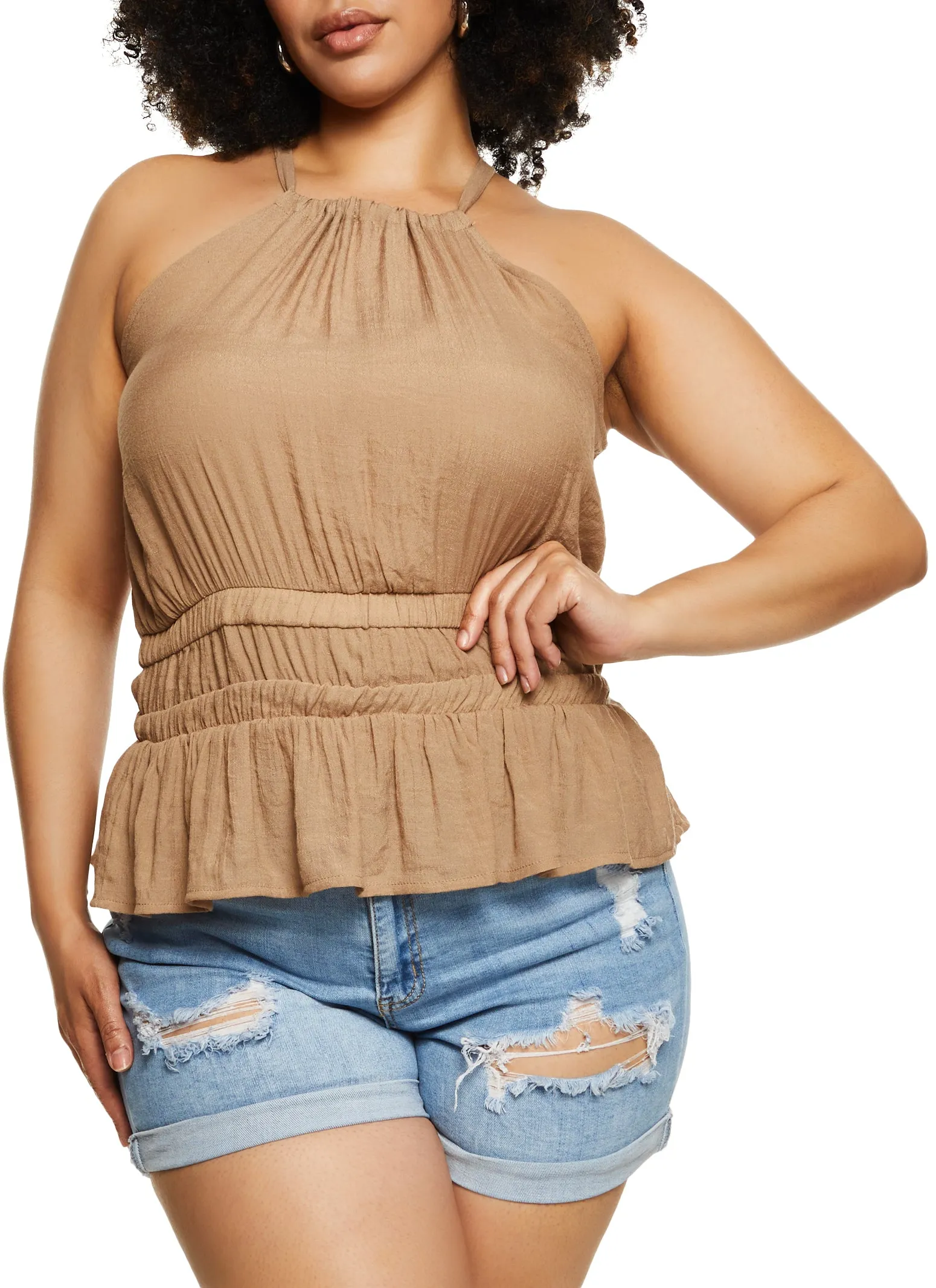 Plus Size Gauze Knit High Neck Smocked Waist Top sold by Rainbow