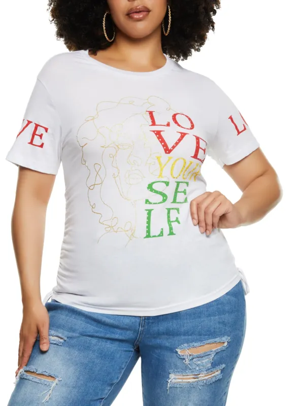 Plus Size Rhinestone Love Yourself Laser Cut Graphic Tee sold by Rainbow