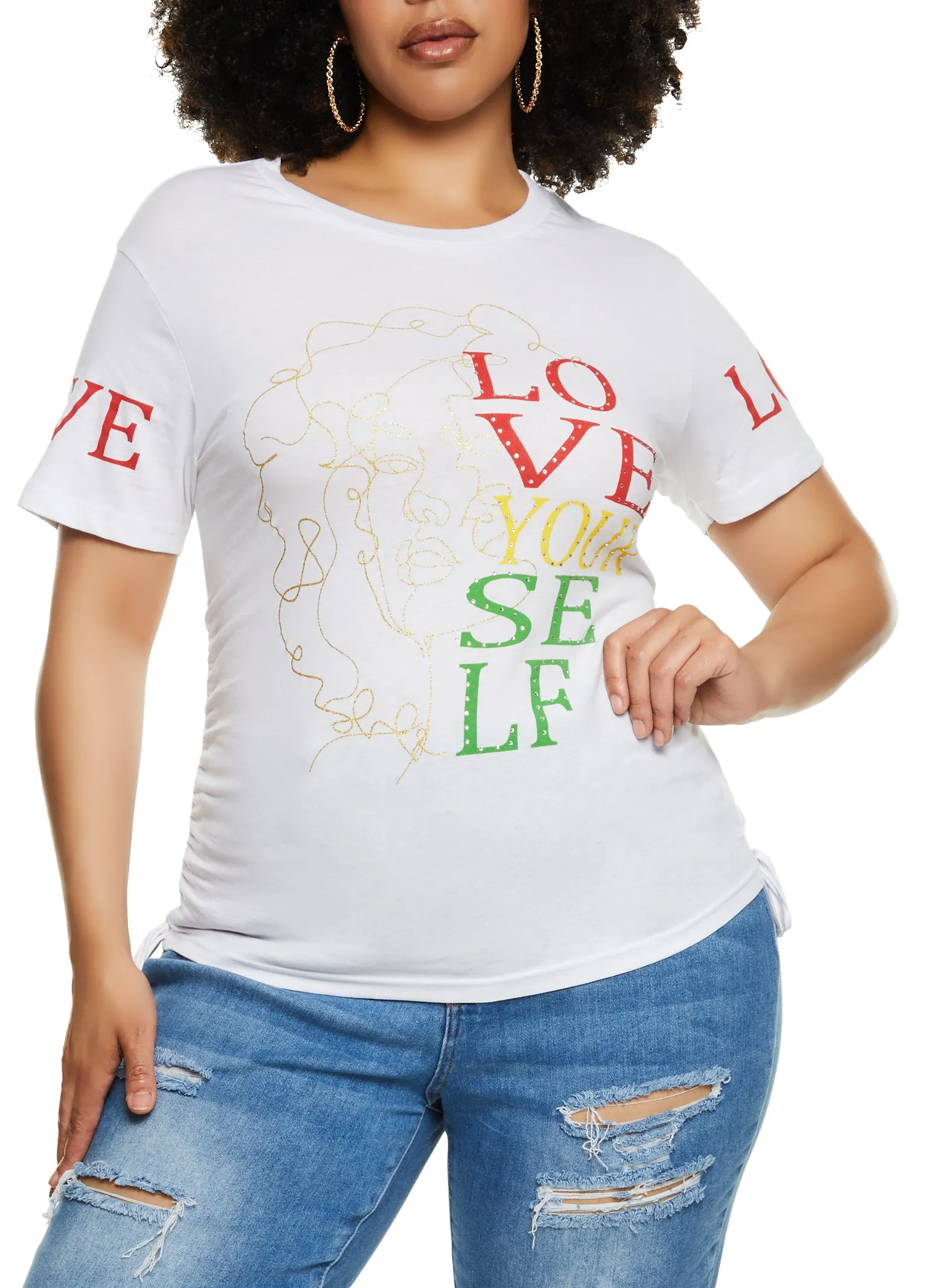 Plus Size Rhinestone Love Yourself Laser Cut Graphic Tee sold by Rainbow