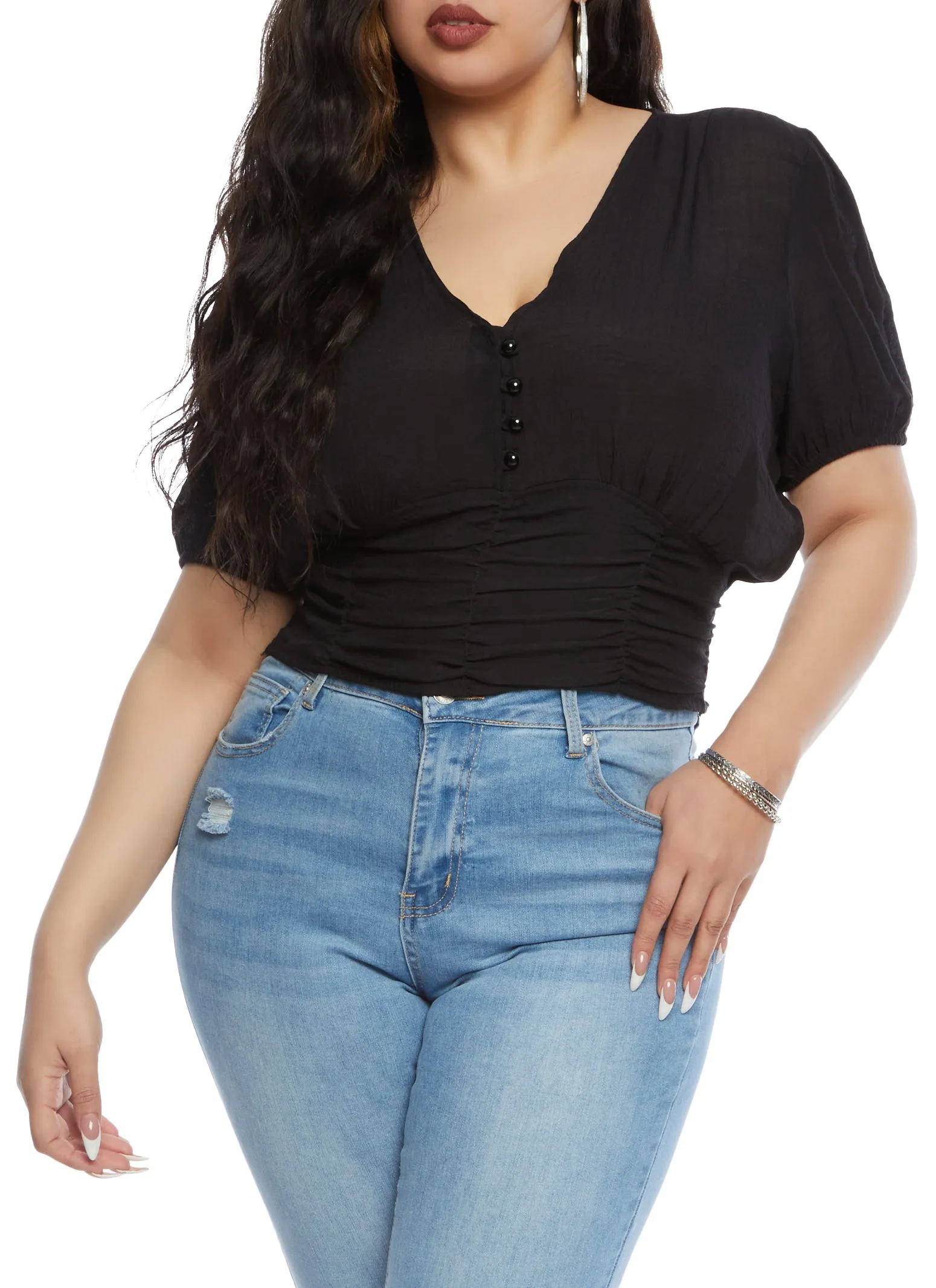 Plus Size Gauze Knit V Neck Ruched Peasant Top sold by Rainbow