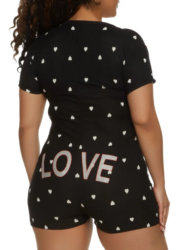 Plus Size Glitter Love Heart Print Pajama Romper sold by Rainbow