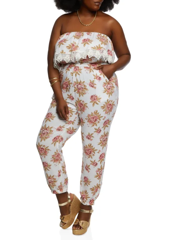 Plus Size Floral Print Crochet Detail Strapless Jumpsuit sold by Rainbow
