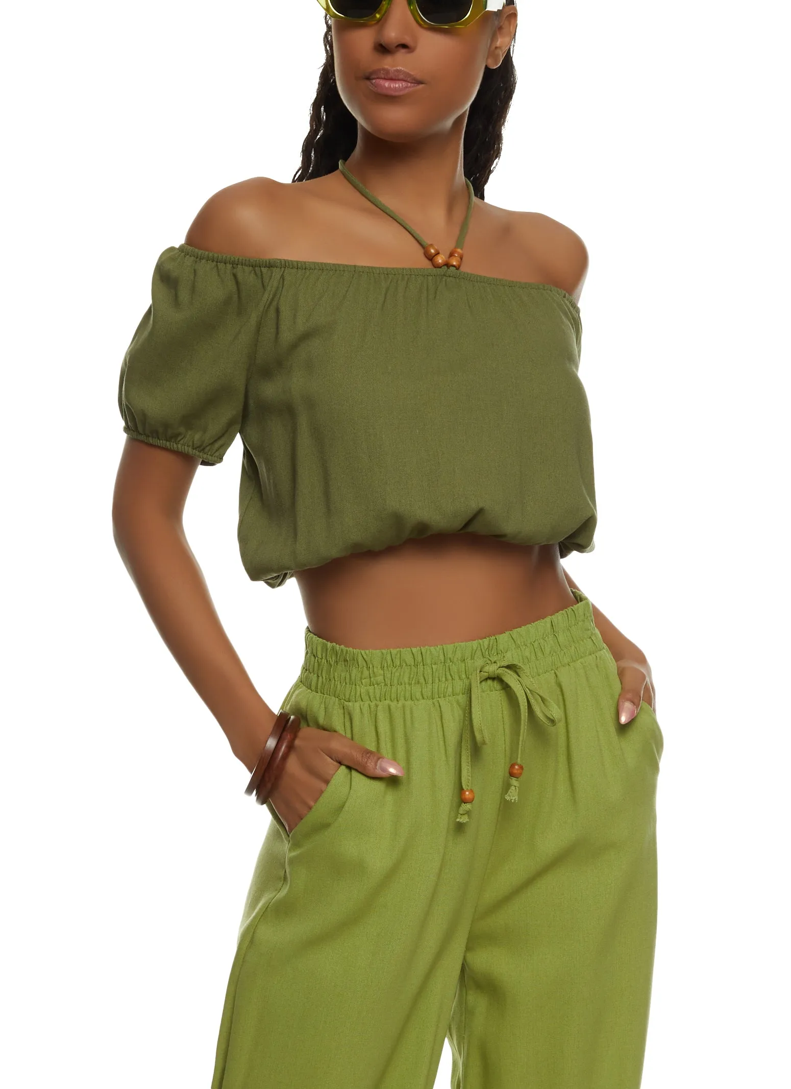 Iris Linen Off the Shoulder Halter Neck Crop Top sold by Rainbow