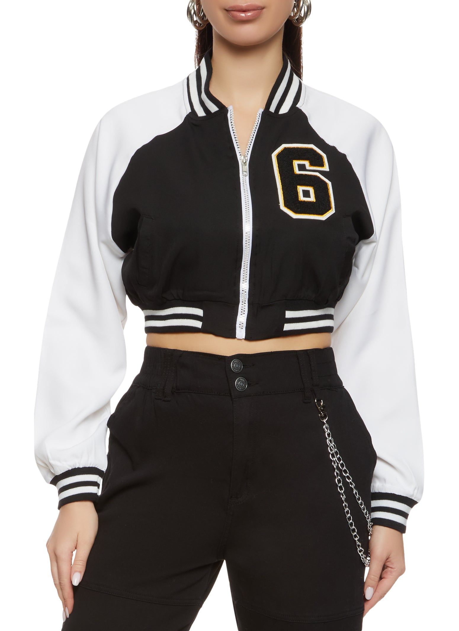 6 Chenille Patch Zip Front Cropped Varsity Jacket sold by Rainbow