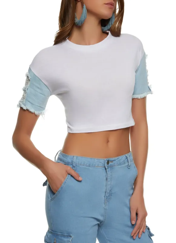 Distressed Denim Short Sleeve Crop Top sold by Rainbow