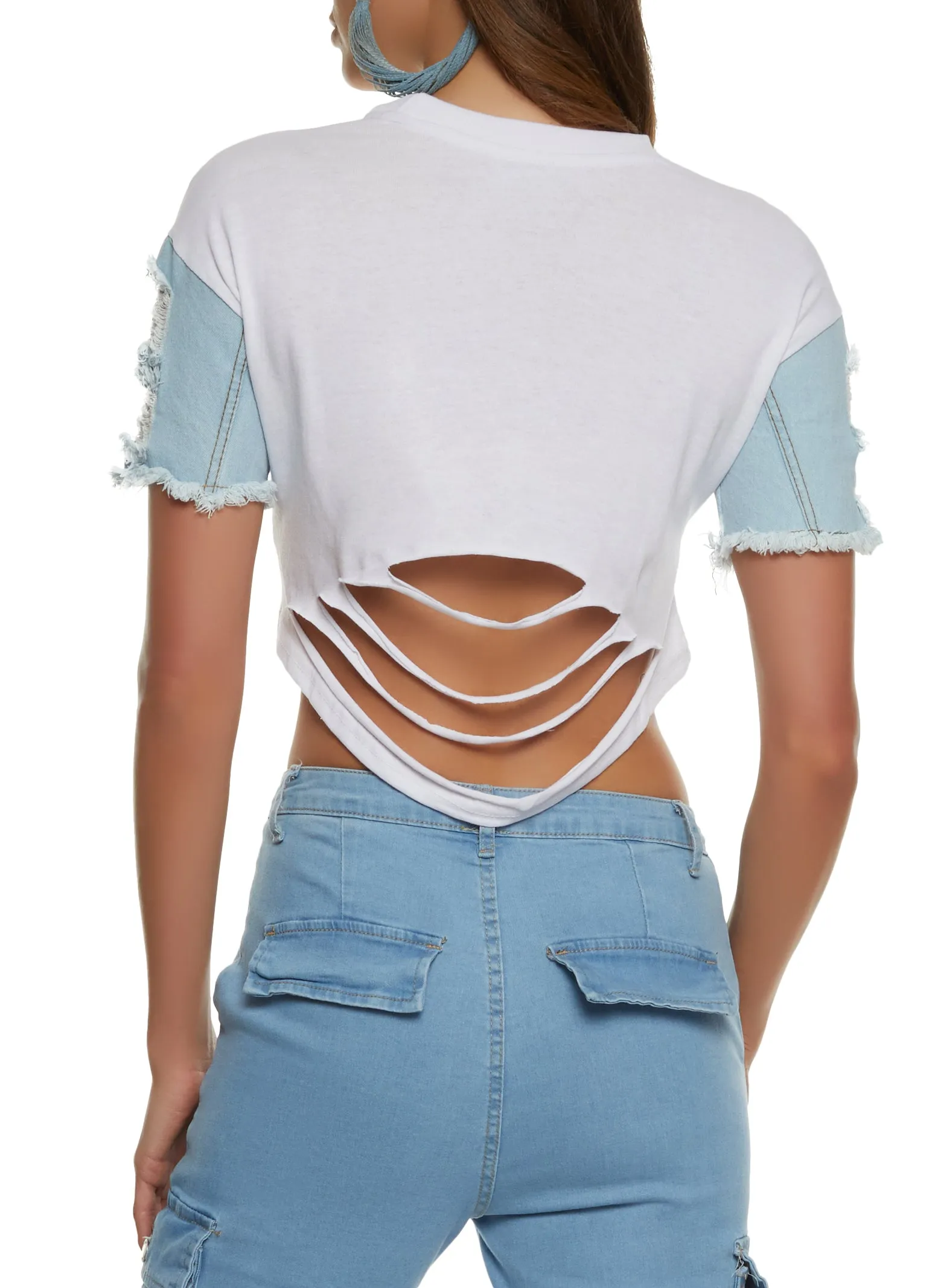 Distressed Denim Short Sleeve Crop Top sold by Rainbow product image thumbnail 2