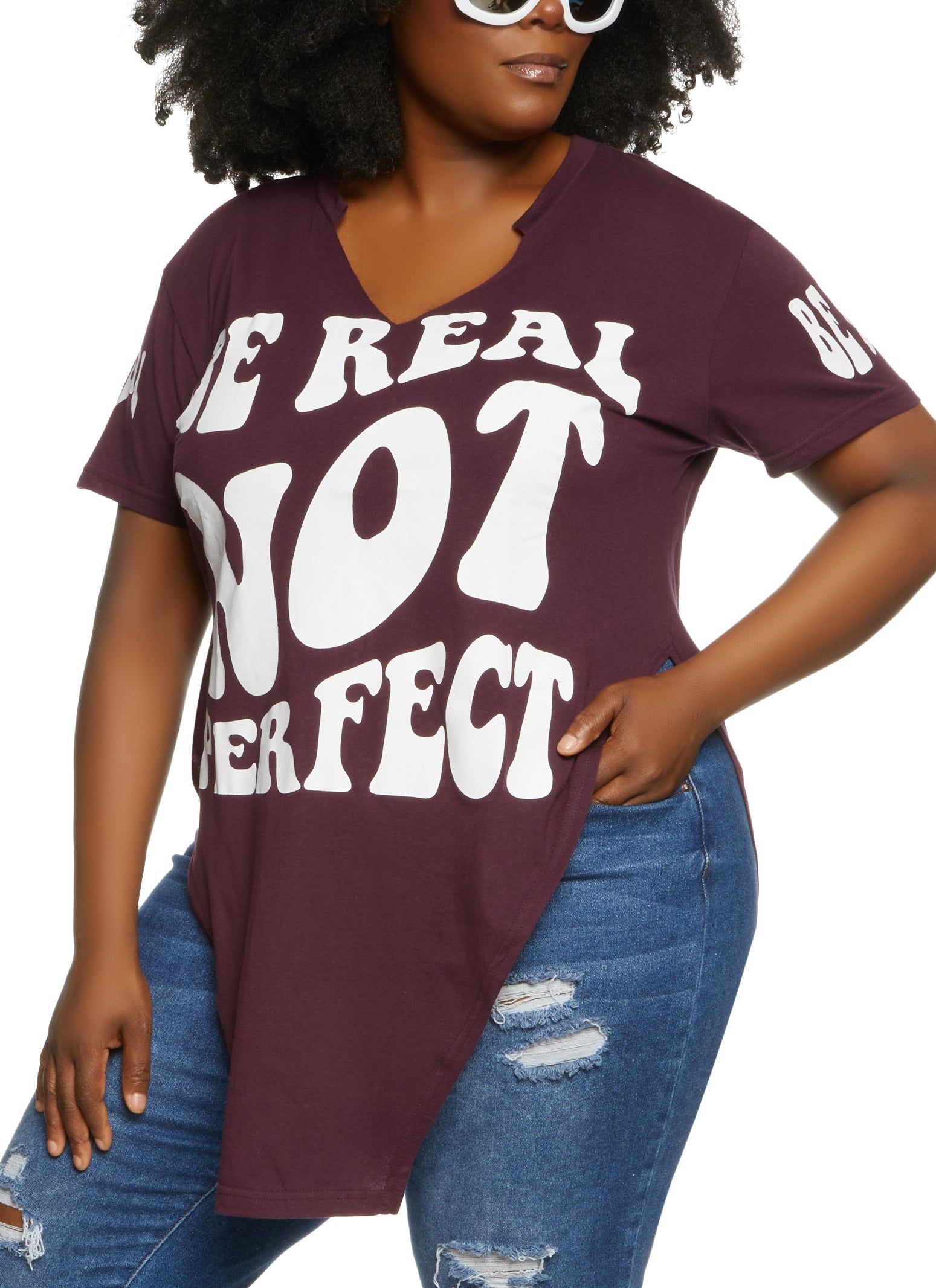 Plus Size Be Real Not Perfect Side Slit Tee sold by Rainbow