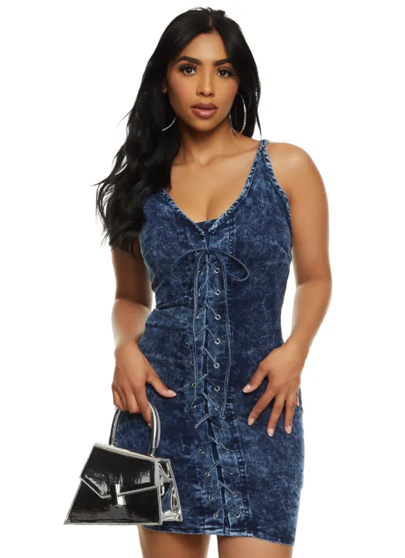 Acid Wash Lace Up Denim Dress sold by Rainbow