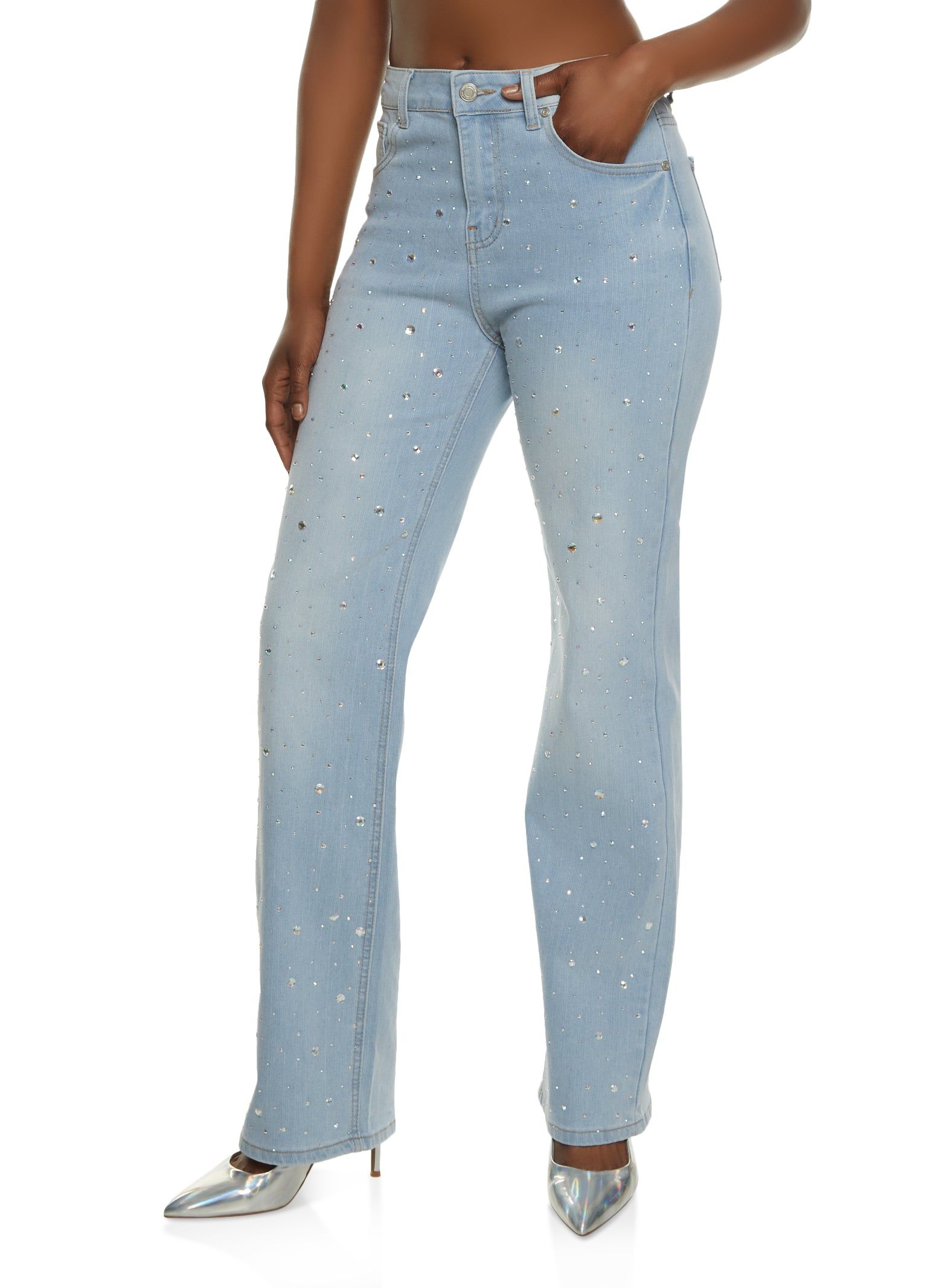 Rhinestone High Waist Straight Leg Jeans sold by Rainbow