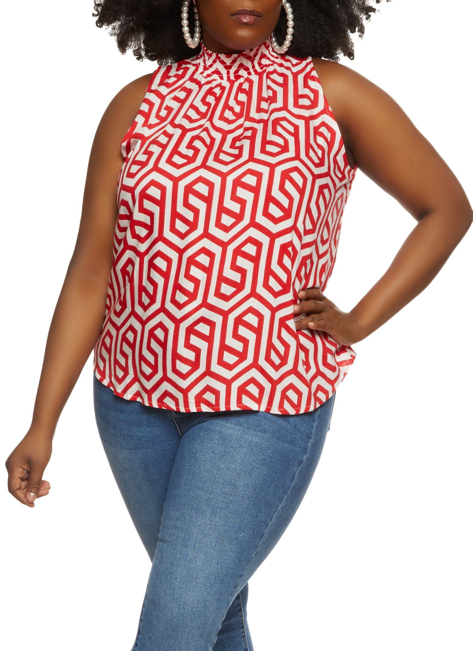 Plus Size Geometric Print Mock Neck Blouse sold by Rainbow
