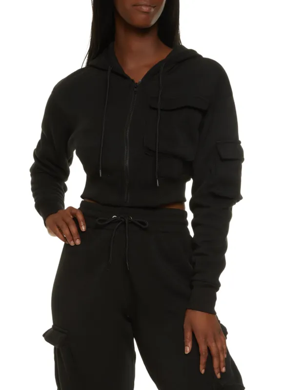 Solid Cargo Pocket Cropped Hoodie sold by Rainbow