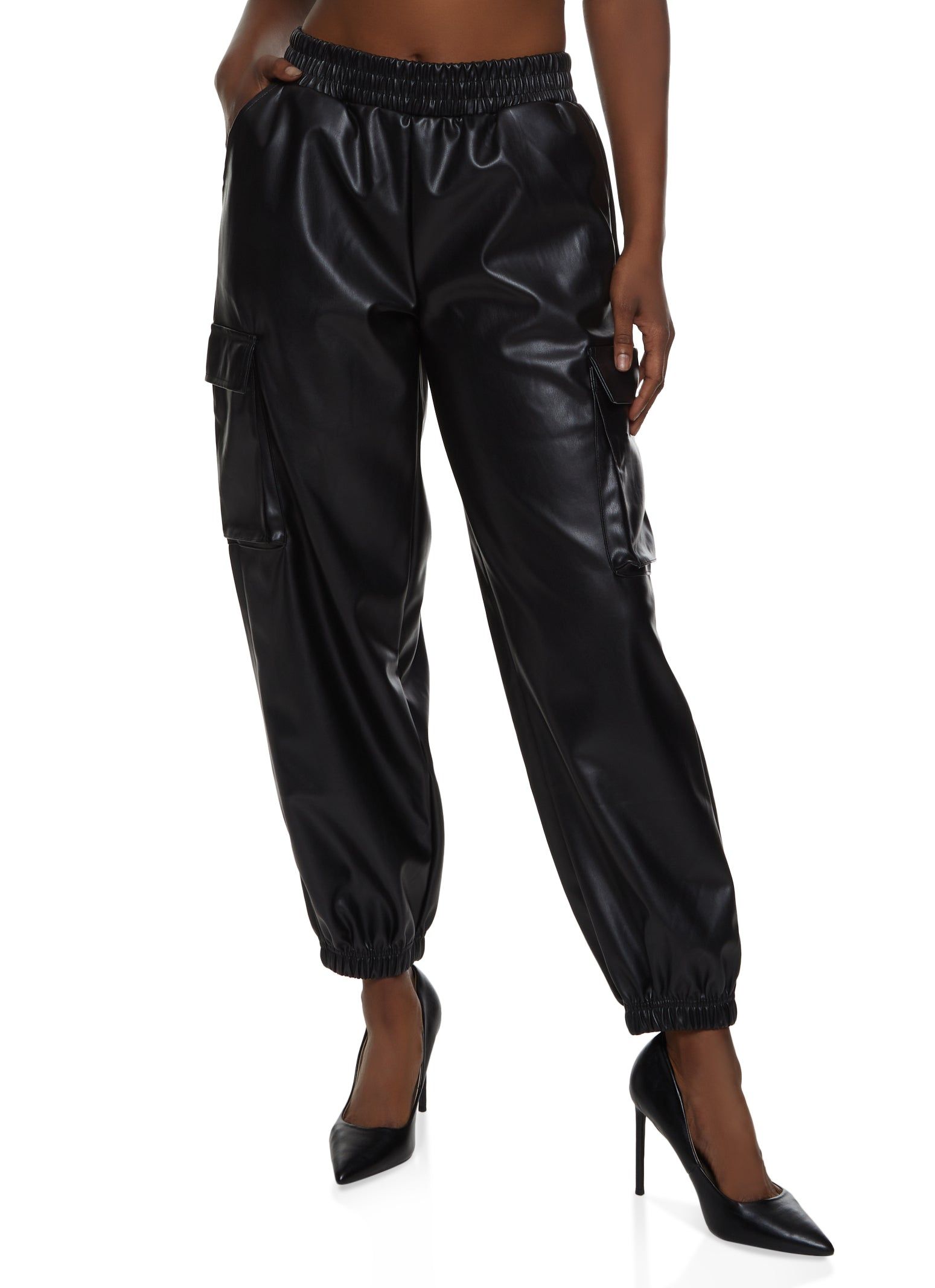 Faux Leather High Waisted Cargo Pocket Joggers sold by Rainbow
