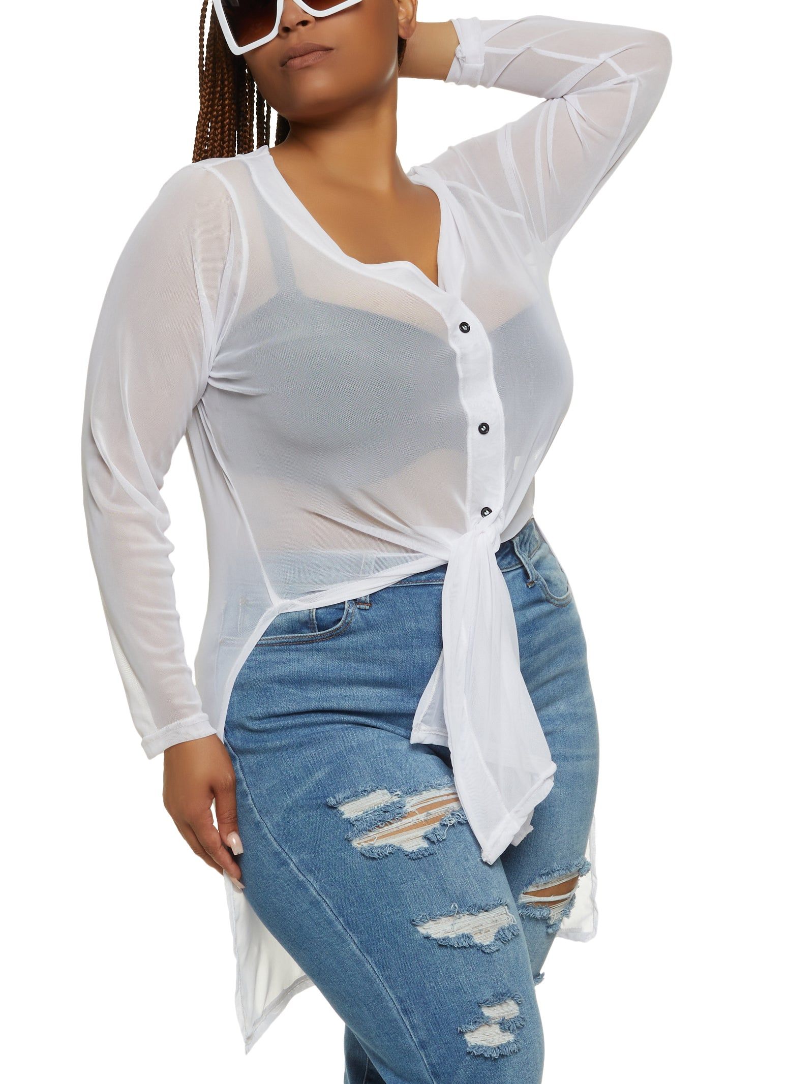 Plus Size Mesh Tie Front V Neck Shirt sold by Rainbow