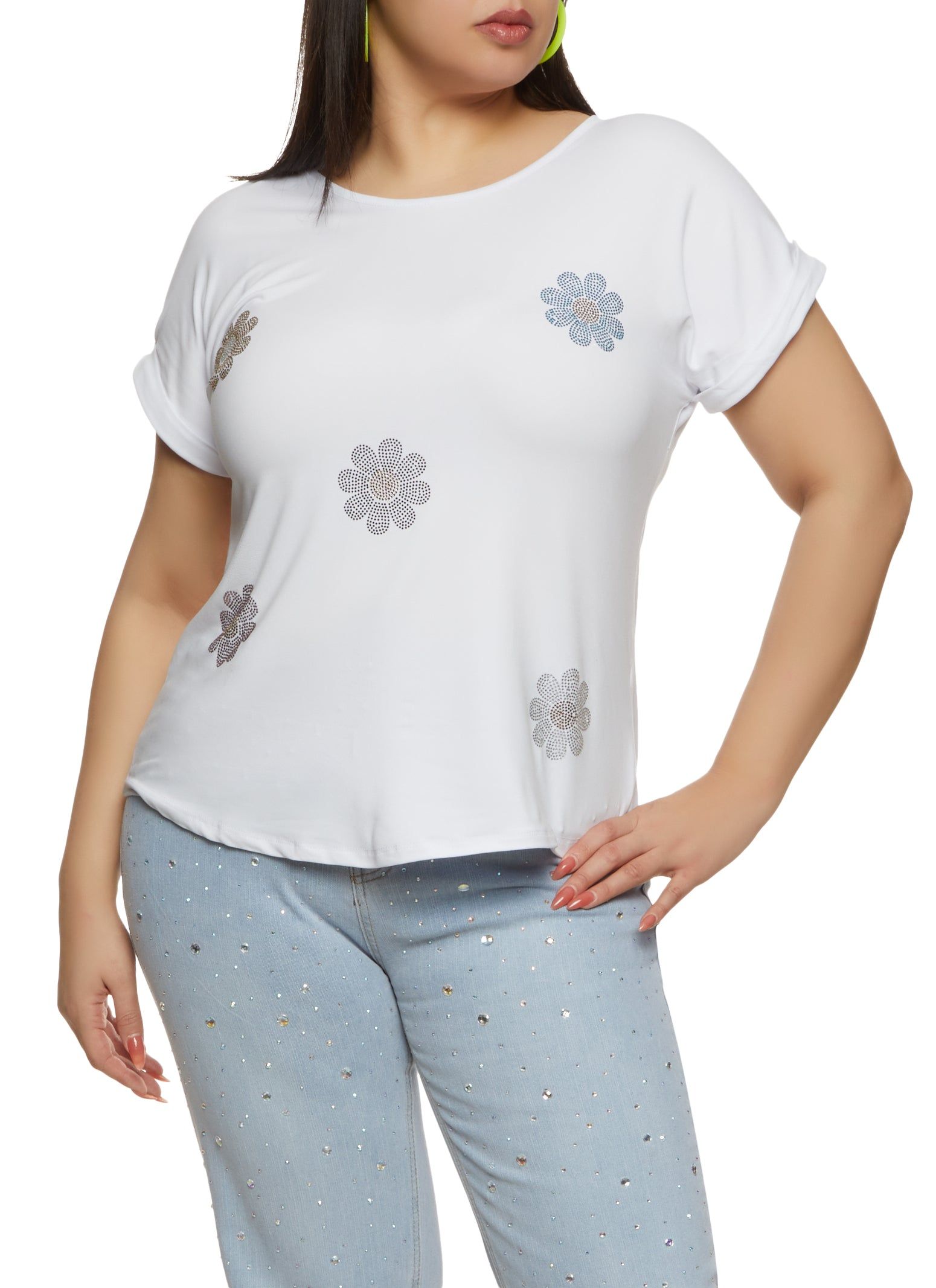 Plus Size Rhinestone Daisy Graphic Tee sold by Rainbow