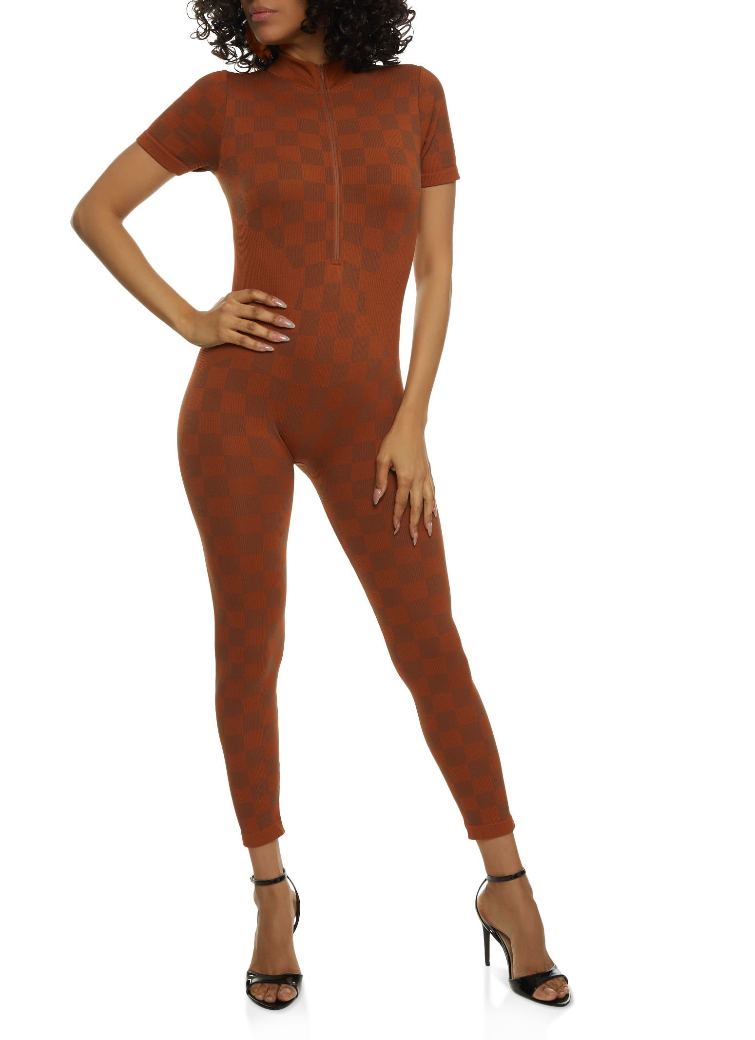 Rib Knit Checkered Zip Front Jumpsuit sold by Rainbow
