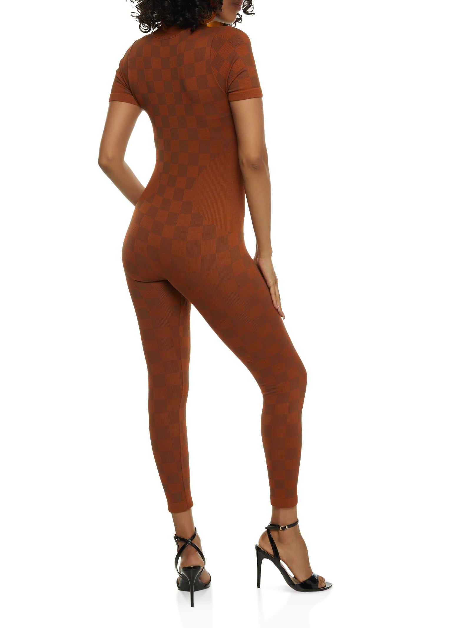 Rib Knit Checkered Zip Front Jumpsuit sold by Rainbow product image thumbnail 2