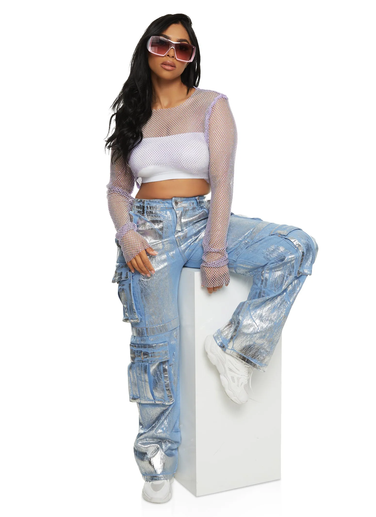 Rhinestone Fishnet Cropped Long Sleeve Top sold by Rainbow