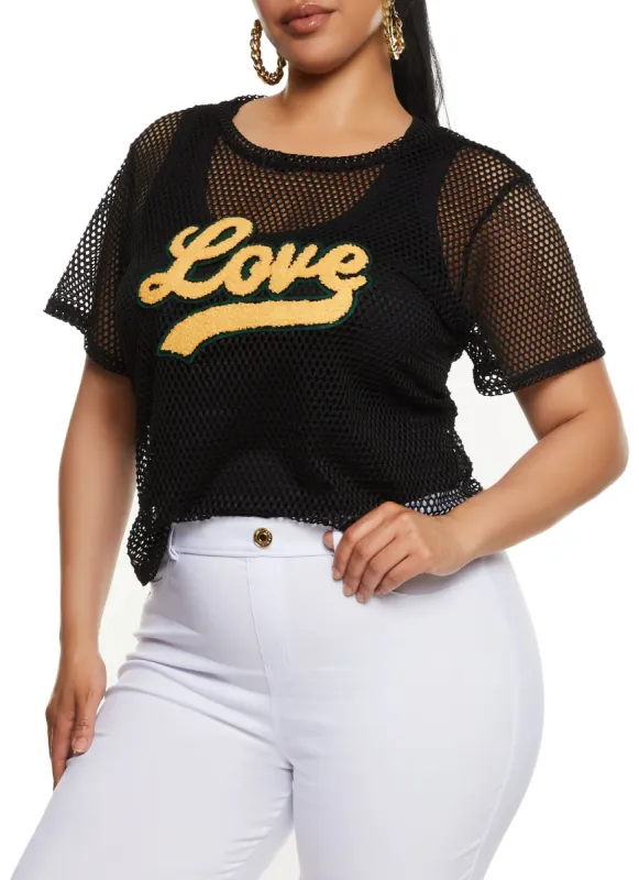 Plus Size Love Graphic Patch Fishnet Top sold by Rainbow