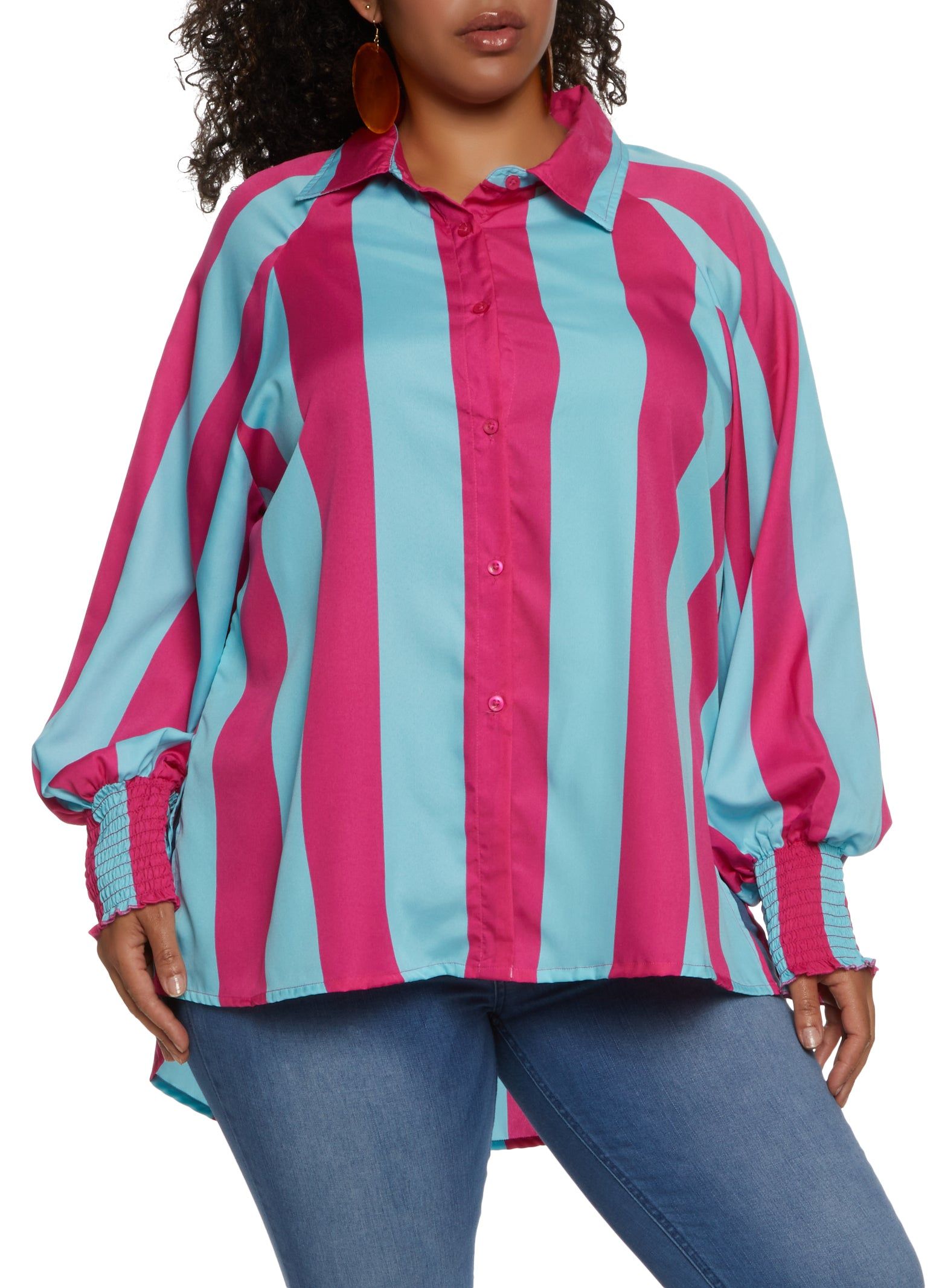 Plus Size Striped Smocked Cuff Button Front Blouse sold by Rainbow