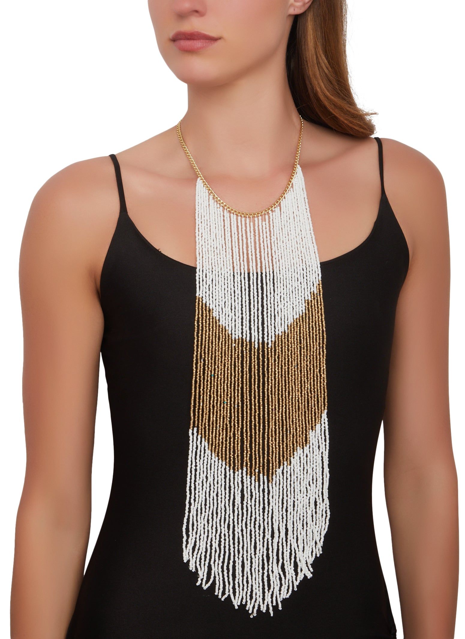 Color Block Beaded Fringe Necklace sold by Rainbow