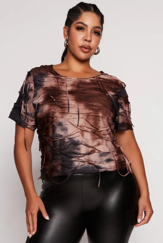 Plus Size Mesh Distressed Short Sleeve Top sold by Rainbow
