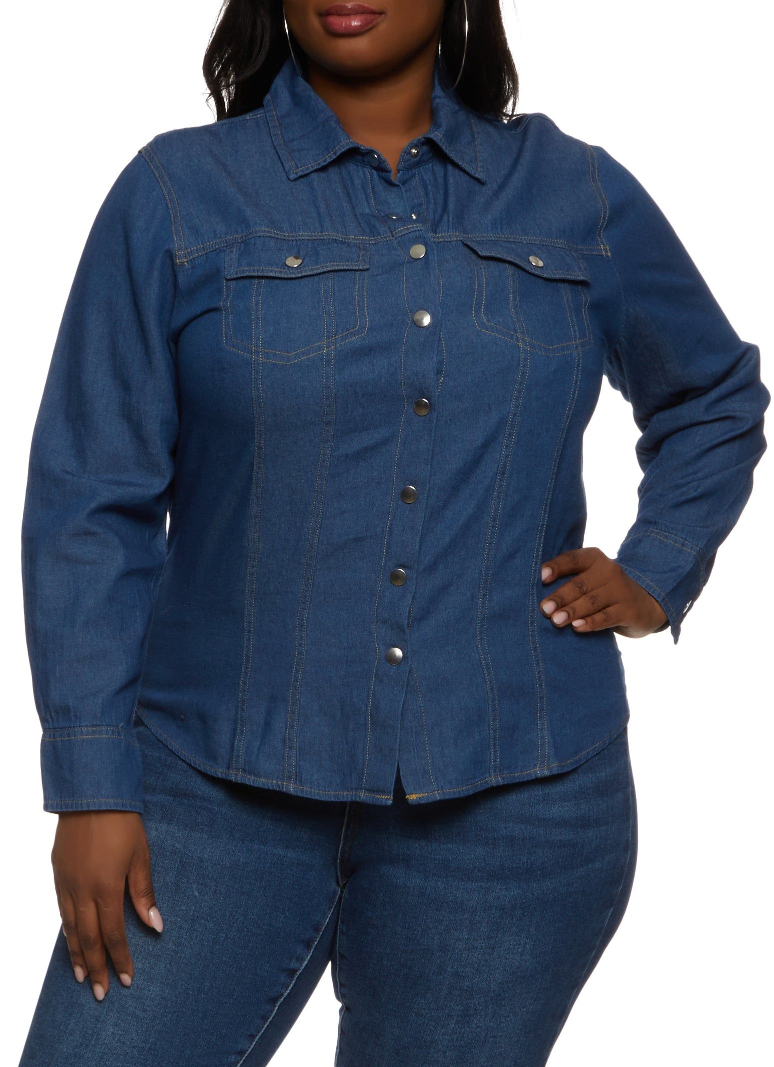 Plus Size Denim Snap Button Front Shirt sold by Rainbow