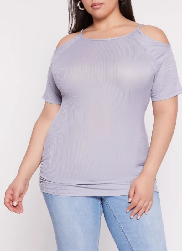 Plus Size Ribbed Cold Shoulder Ruched Short Sleeve Top sold by Rainbow
