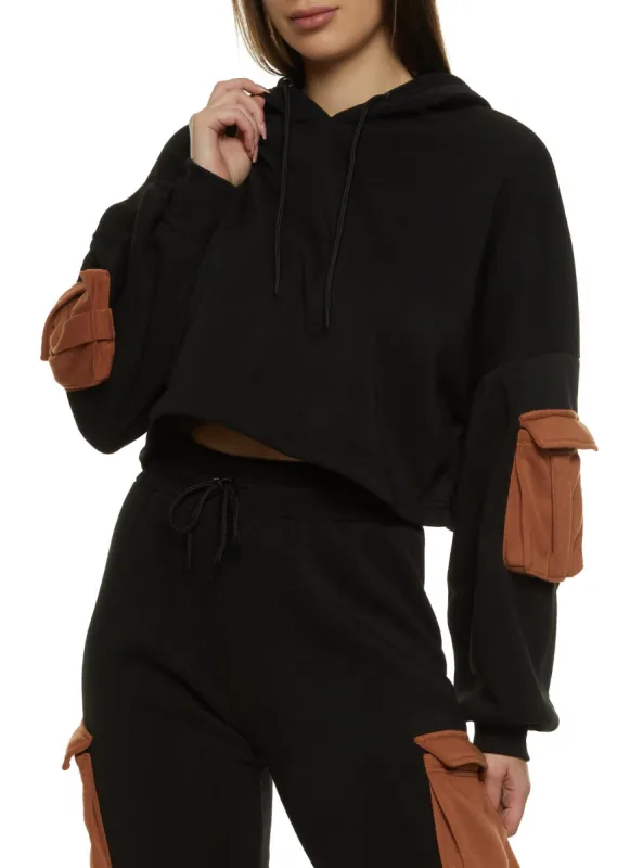 Color Block Cargo Pocket Cropped Hoodie sold by Rainbow