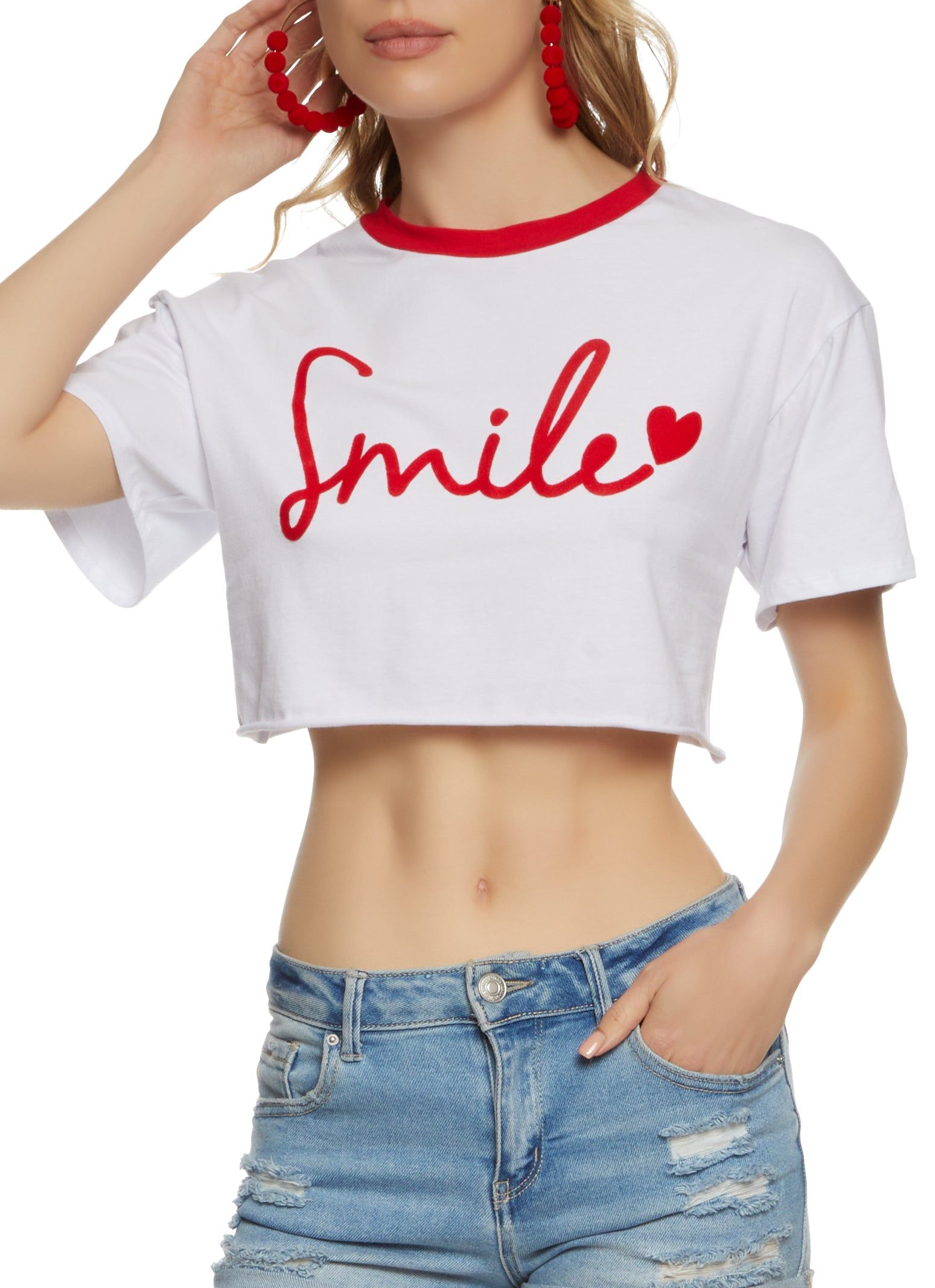 Smile Contrast Trim Crop Top sold by Rainbow