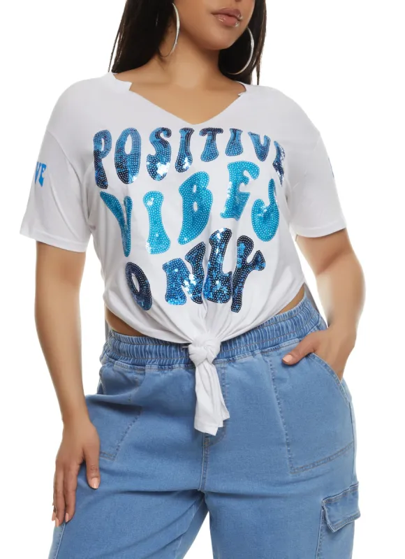 Plus Size Sequin Positive Vibes Only Knot Front Tee sold by Rainbow