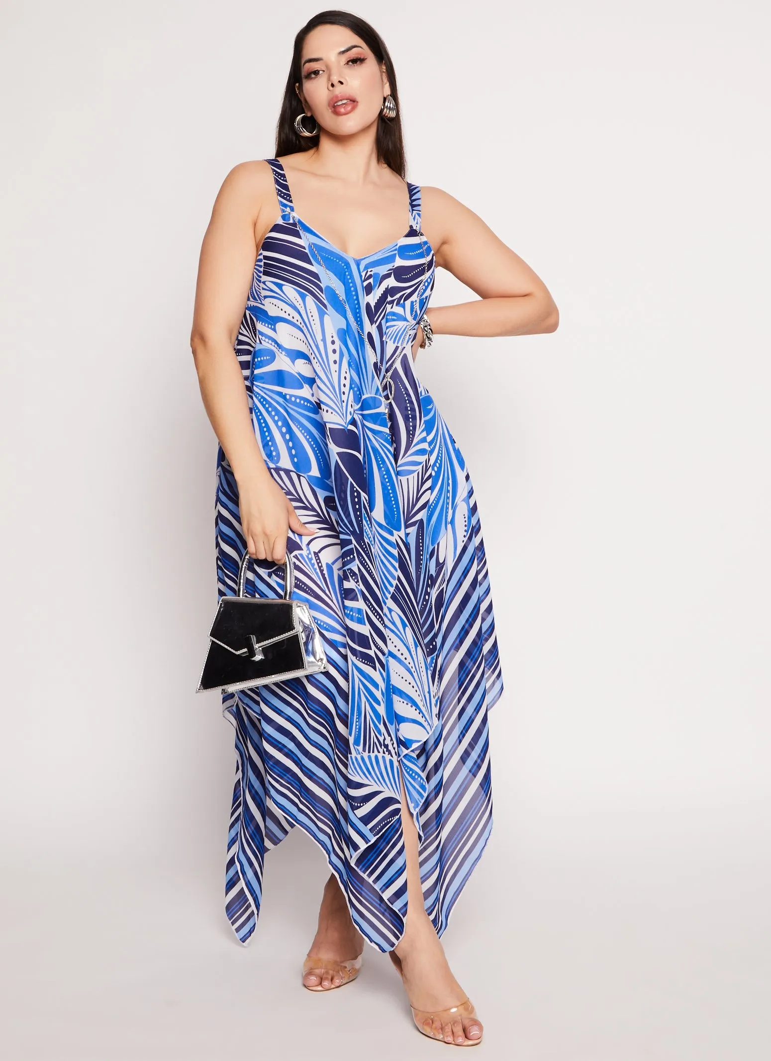 Plus Size Border Print Handkerchief Hem Maxi Dress with Necklace sold by Rainbow