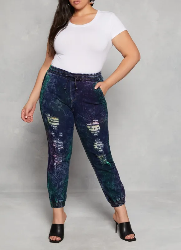 Plus Size Spray Paint Acid Wash Distressed Denim Joggers sold by Rainbow
