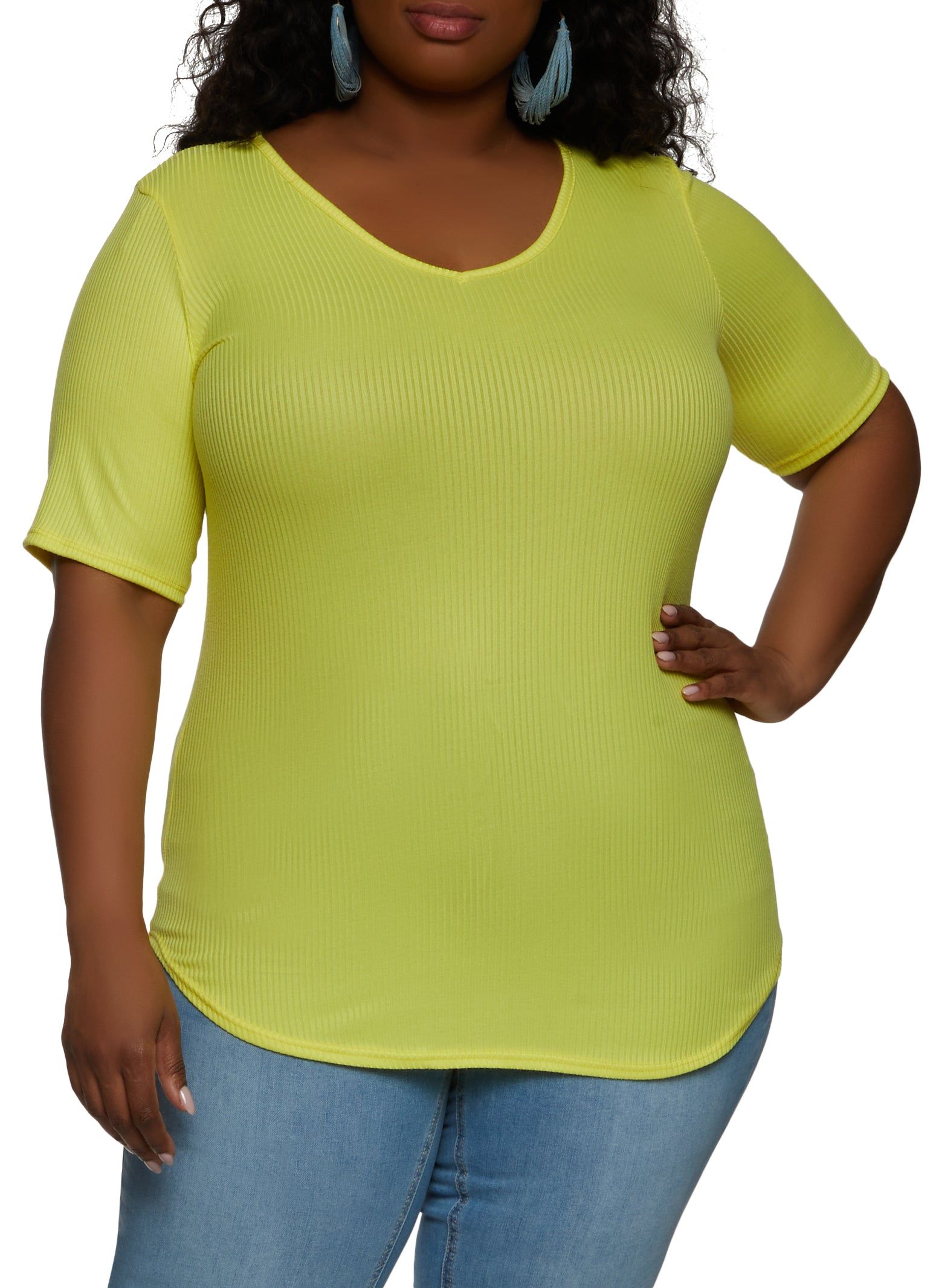 Plus Size Rib Knit V Neck Tee sold by Rainbow