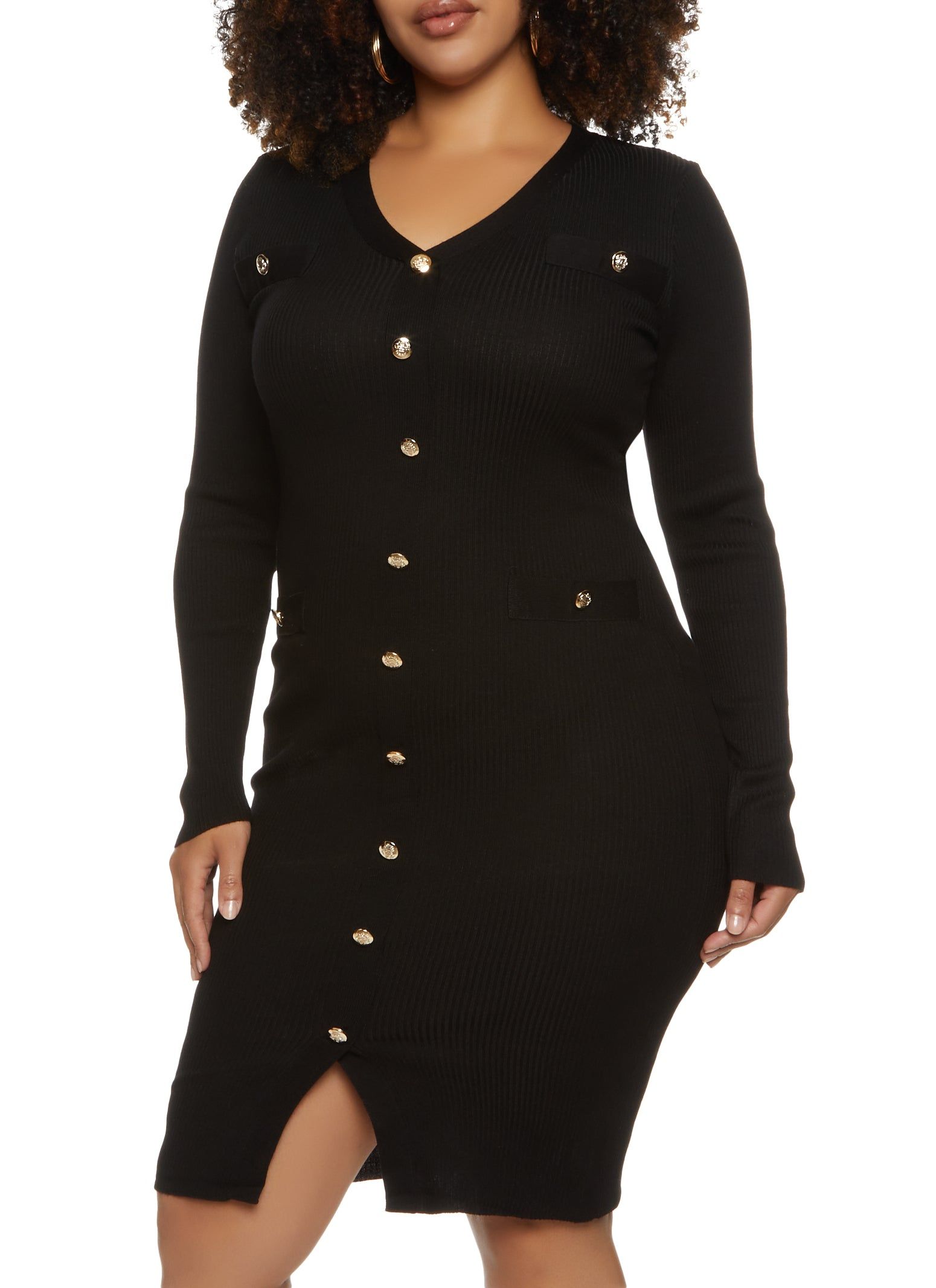 Plus Size Faux Button Midi Sweater Dress sold by Rainbow