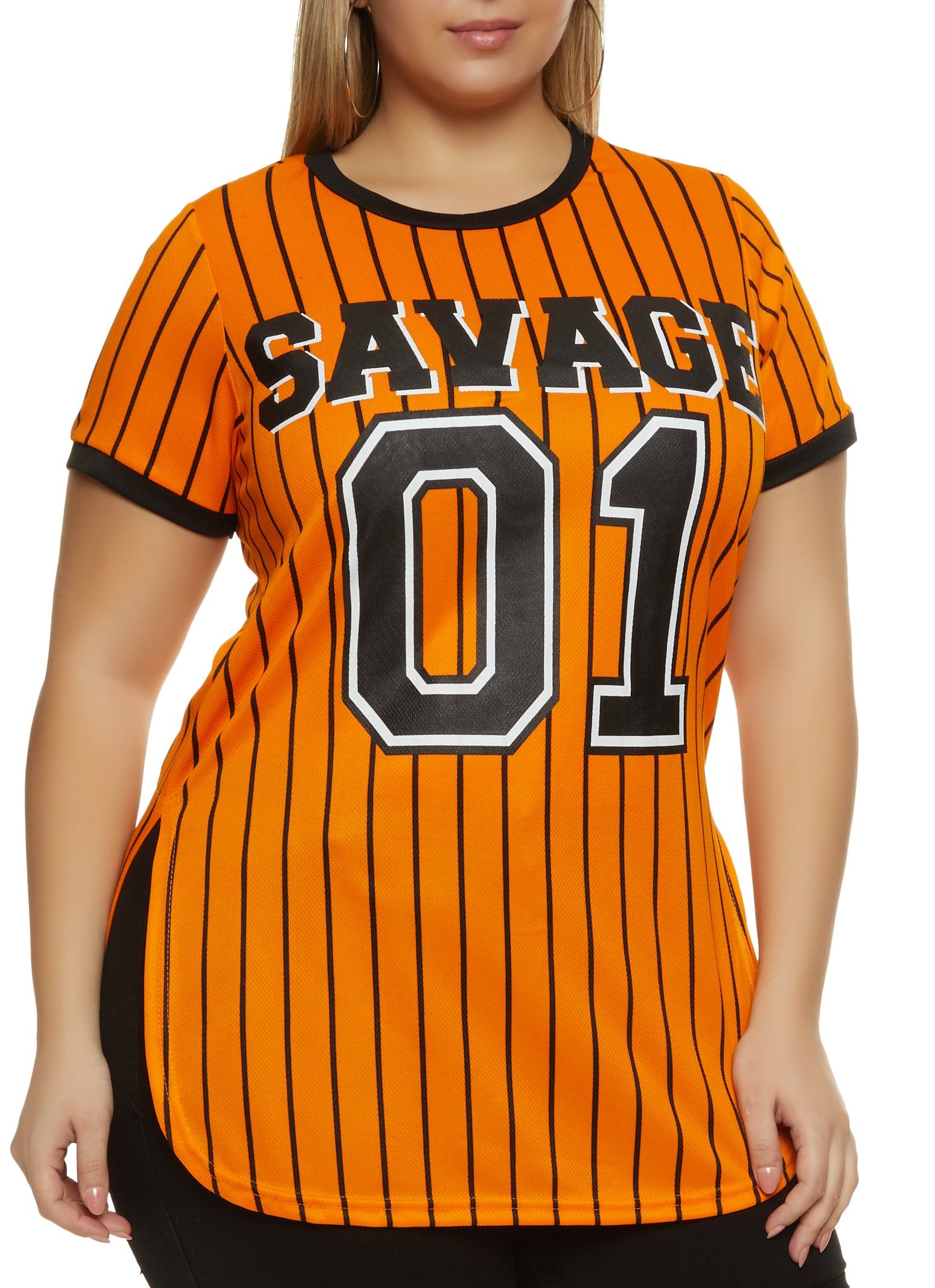 Plus Size Mesh Savage Pinstripe Baseball Tee sold by Rainbow