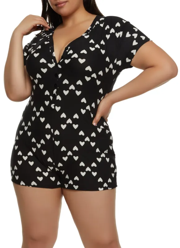 Plus Size Babe Heart Print Pajama Romper sold by Rainbow