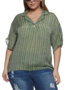 Plus Size Striped Gauze Knit Tabbed Sleeve Shirt sold by Rainbow