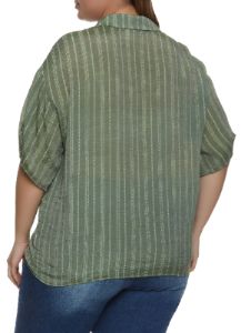 Plus Size Striped Gauze Knit Tabbed Sleeve Shirt sold by Rainbow