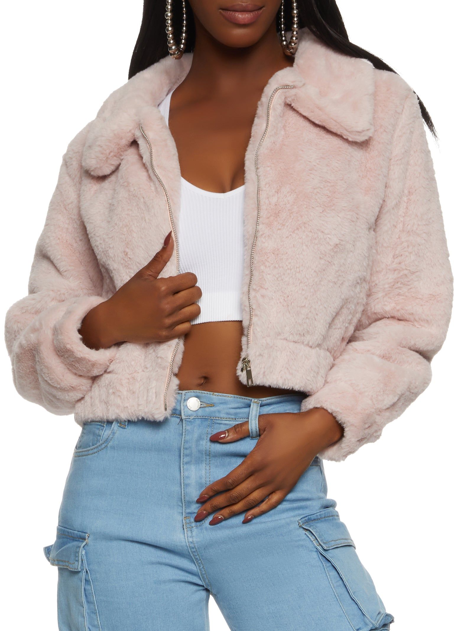 Zip Front Faux Fur Bomber Jacket sold by Rainbow