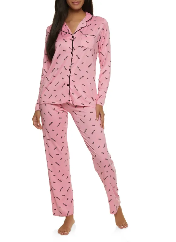 Striped Love Print Notch Collar Pajama Top and Pants sold by Rainbow