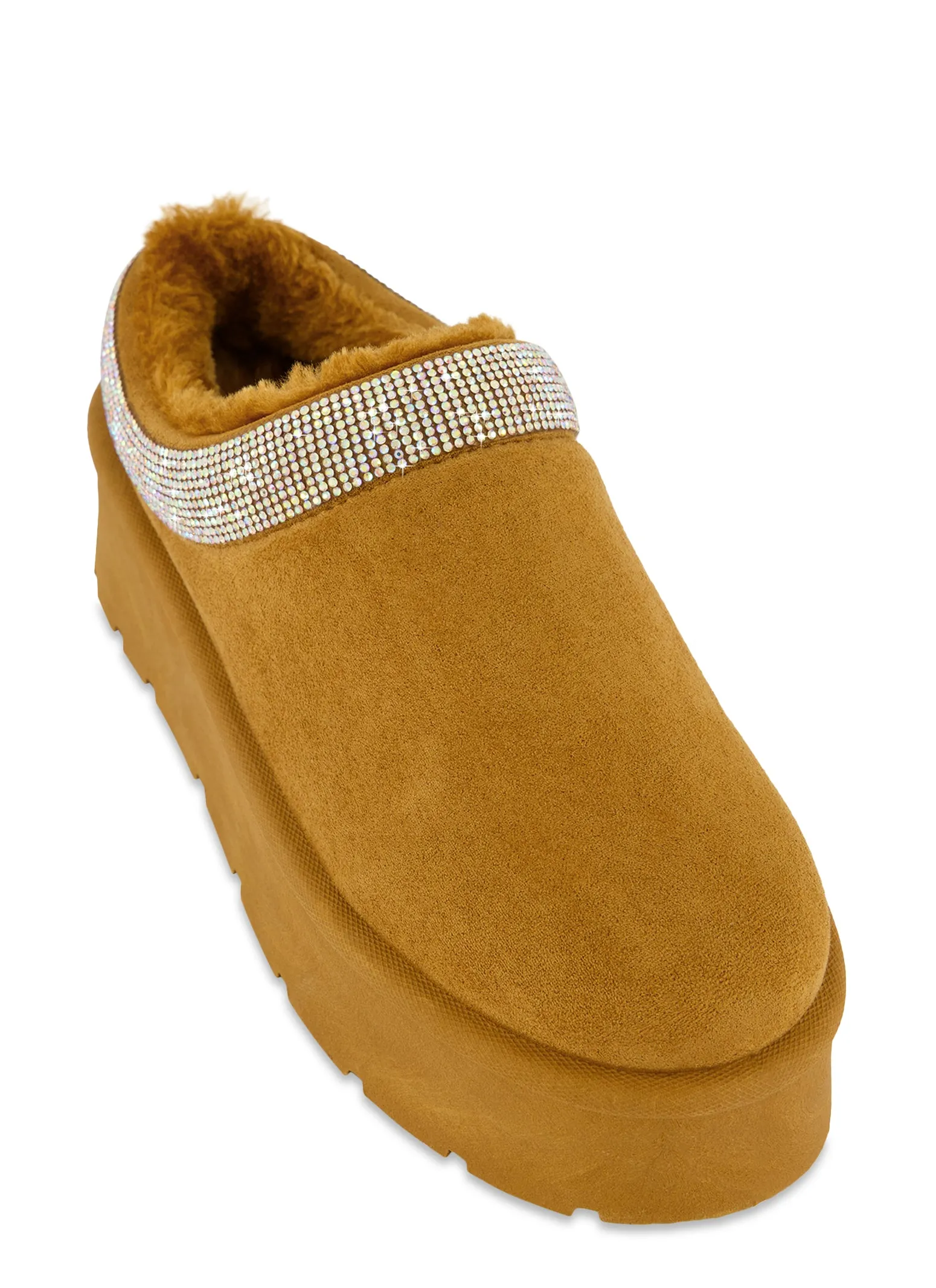 Rhinestone Trim Sherpa Lined Platform Clogs sold by Rainbow