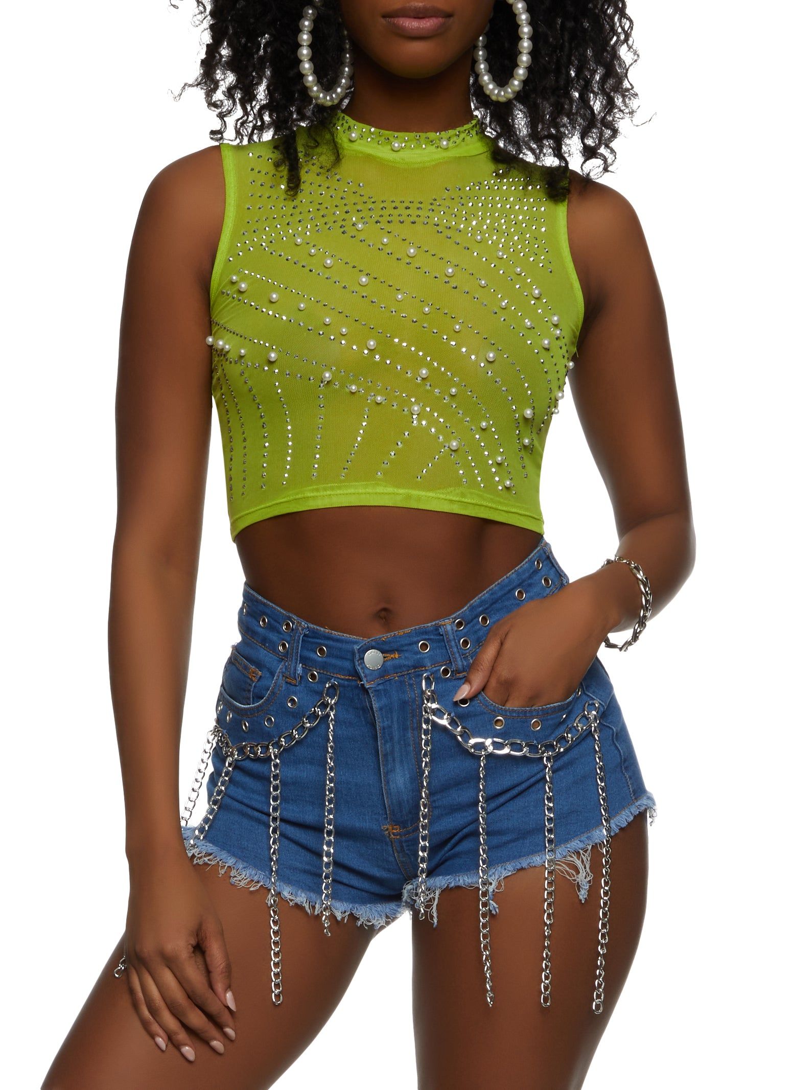 Sheer Mesh Beaded Crop Top sold by Rainbow