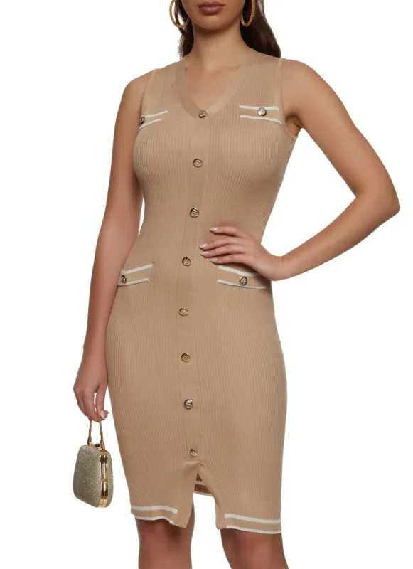 Ribbed Faux Button Midi Sweater Dress sold by Rainbow