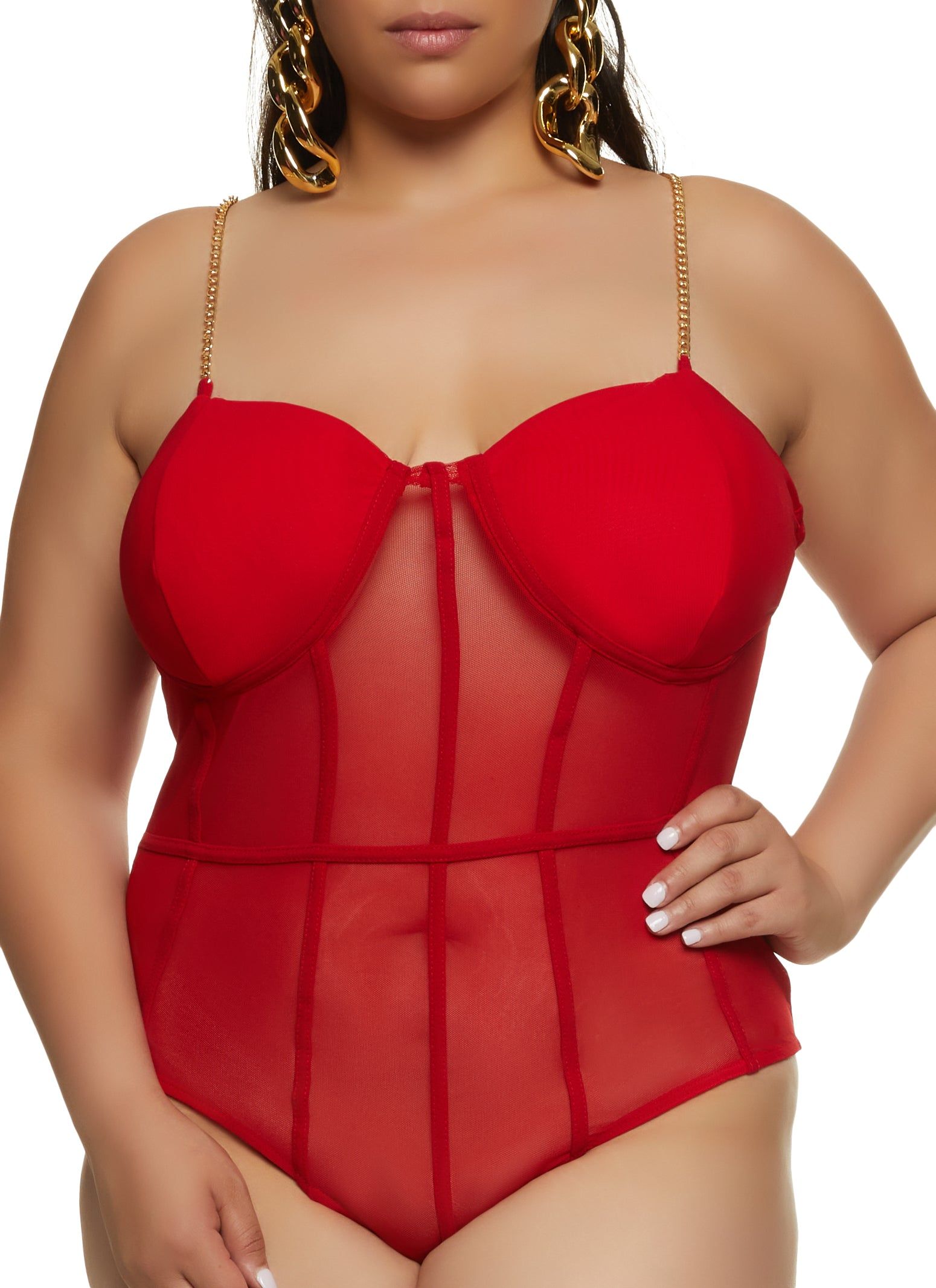 Plus Size Chain Strap Mesh Bustier Bodysuit sold by Rainbow