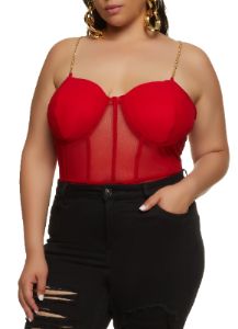 Plus Size Chain Strap Mesh Bustier Bodysuit sold by Rainbow