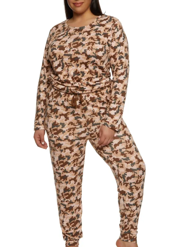 Plus Size Camo Long Sleeve Pajama Top and Pants sold by Rainbow