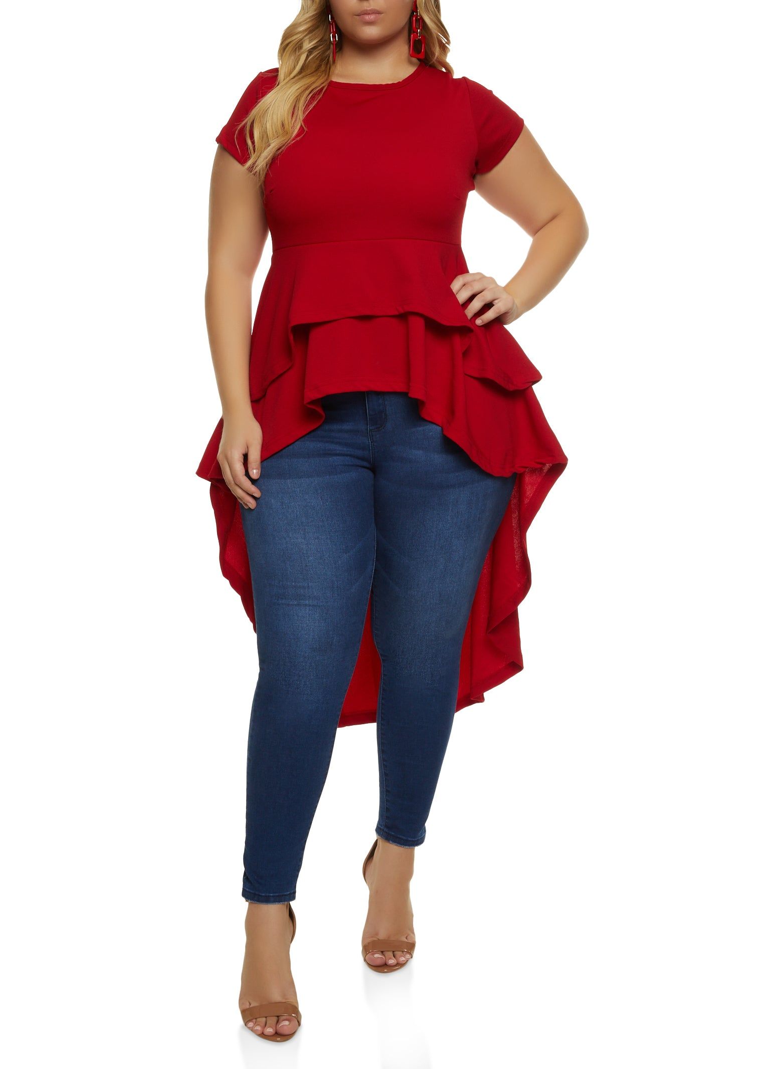 Plus Size Crew Neck Tiered High Low Shirt sold by Rainbow