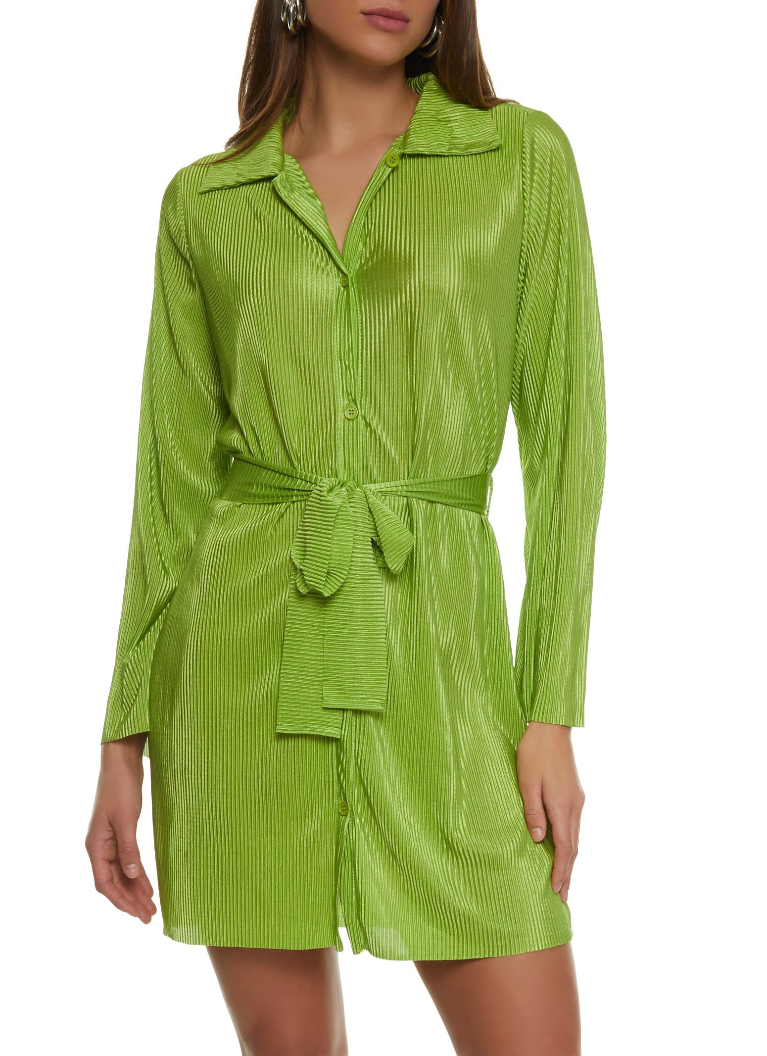 Plisse Tie Waist Shirt Dress sold by Rainbow
