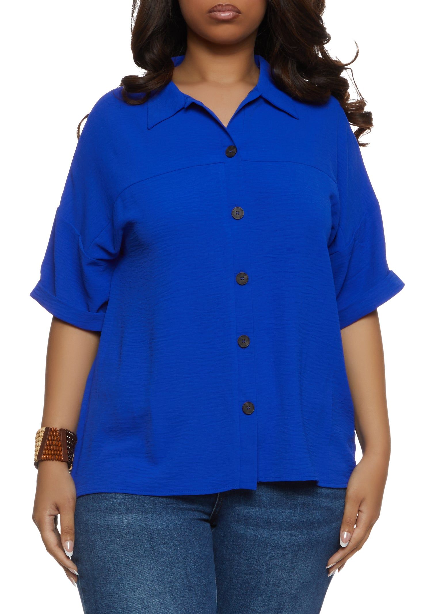Plus Size Airy Short Sleeve Button Front Shirt sold by Rainbow