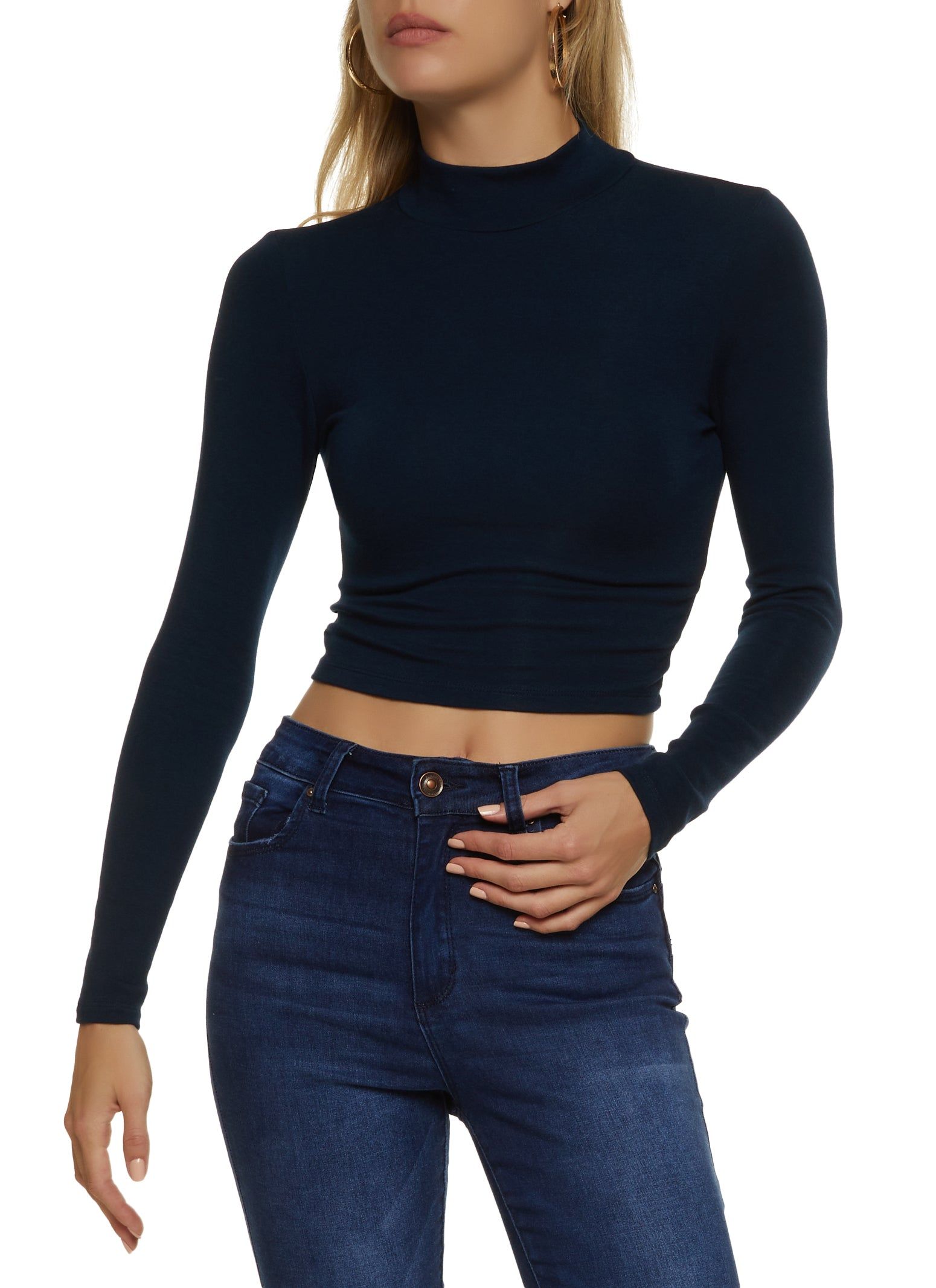 Basic Mock Neck Long Sleeve Crop Top sold by Rainbow